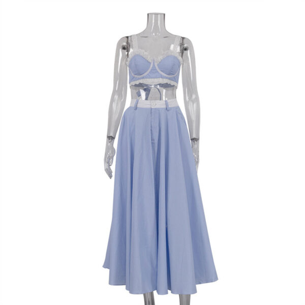 2 Pieces Lace Splicing Sling Vest High Waist Big Swing Skirt Fashion Blue Print Sets Spaghetti Strap Lace Bra And High Waisted Loose Pleated Skirts Sets - Image 6