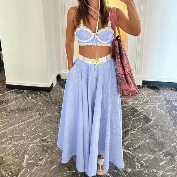 2 Pieces Lace Splicing Sling Vest High Waist Big Swing Skirt Fashion Blue Print Sets Spaghetti Strap Lace Bra And High Waisted Loose Pleated Skirts Sets - Image 5