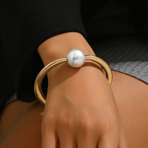 Luxe 14K Gold-Plated Pearl Bangle Bracelet -  Radiant And Timeless Elegance - Image 3