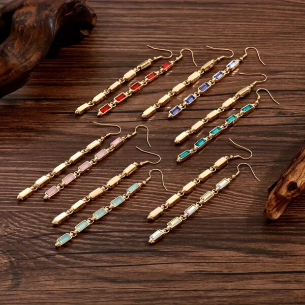 14k Gold Plated Multi-Gemstone Drop Earrings With Colored  Glass Stones - Elegant And Chic Long Chain Dangles - Image 4
