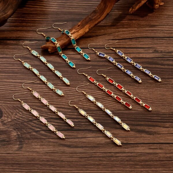 14k Gold Plated Multi-Gemstone Drop Earrings With Colored  Glass Stones - Elegant And Chic Long Chain Dangles - Image 3