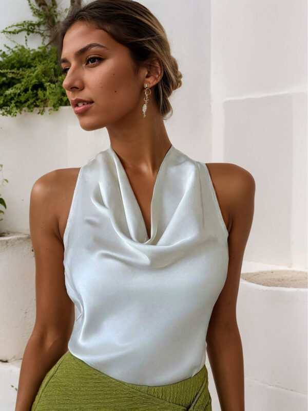 Women Solid Color Swing Collar Sleeveless Vest Trendy Elegant Shirt With Halter Neckline Backless Short Sleeve Tops Tshirts - Image 2