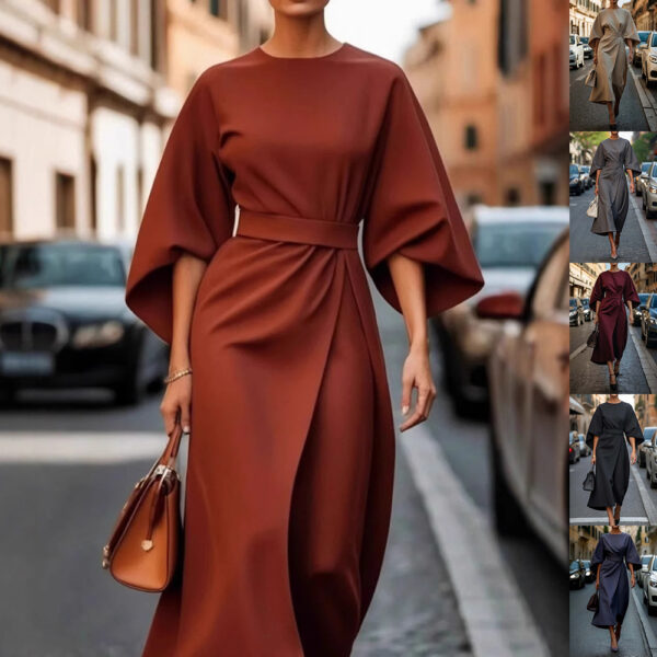 Loose Batwing Sleeve Dress Fashion Waist-tighted Solid Color Elegant Dresses For Women Clothing