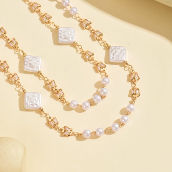 Elegant Double Layer Pearl And Square Bead Necklace -  Stylish And Feminine Jewelry For Young Women - Image 5