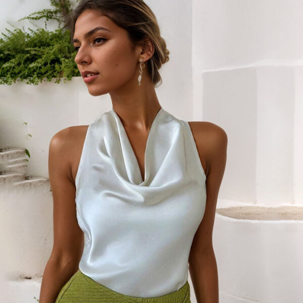 Women Solid Color Swing Collar Sleeveless Vest Trendy Elegant Shirt With Halter Neckline Backless Short Sleeve Tops Tshirts - Image 4