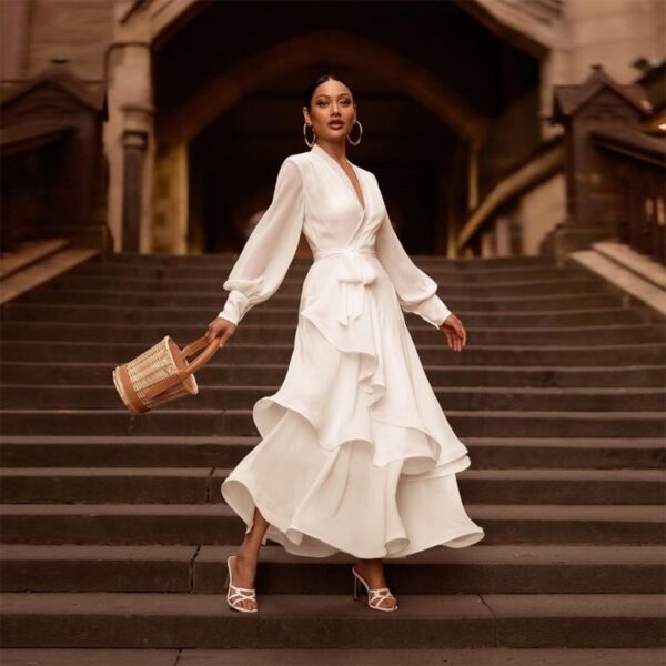 V-neck Prom Dress Long Sleeve Ruffles Long Prom Dress Elegant Dresses For Women White Satin Dress Layered Woman Clothes Casual - Image 4