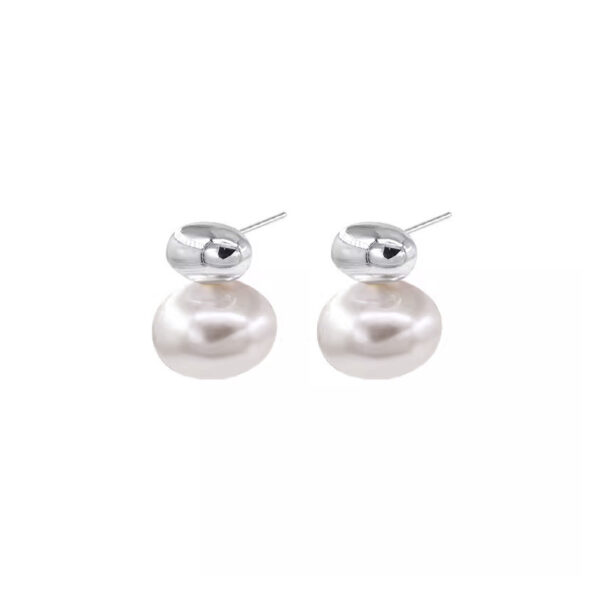 S925 Sterling Silver Oval Sliver Beads Artificial Pearl Earrings Women - Image 3