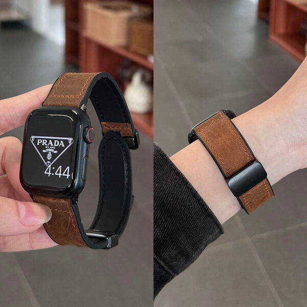 Men Watch Band Folding Magnetic Buckle Genuine Leather