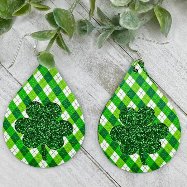 New Green Festival Water Drop Vintage Leopard Print Double-layer Plaid Earrings - Image 4