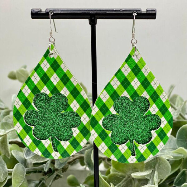 New Green Festival Water Drop Vintage Leopard Print Double-layer Plaid Earrings - Image 3