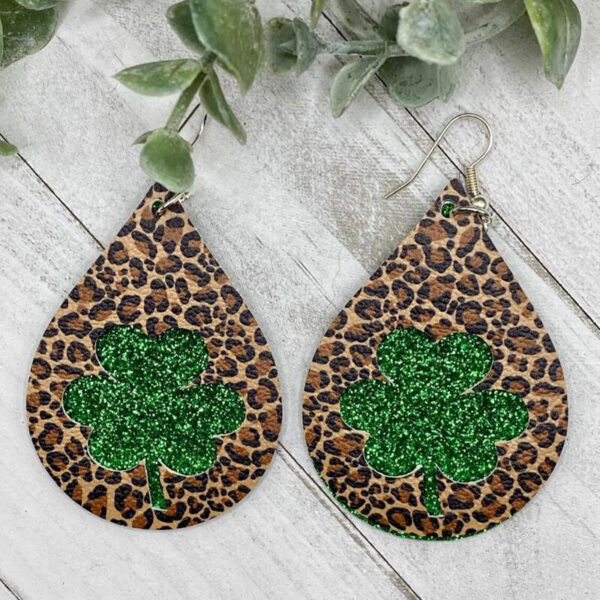 New Green Festival Water Drop Vintage Leopard Print Double-layer Plaid Earrings - Image 6