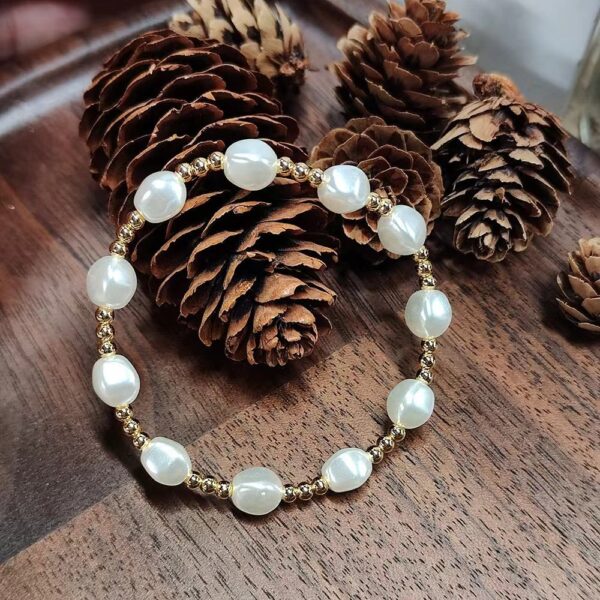 Elegant Freshwater Pearl And  Gold Bead Stretch Bracelet - Image 5