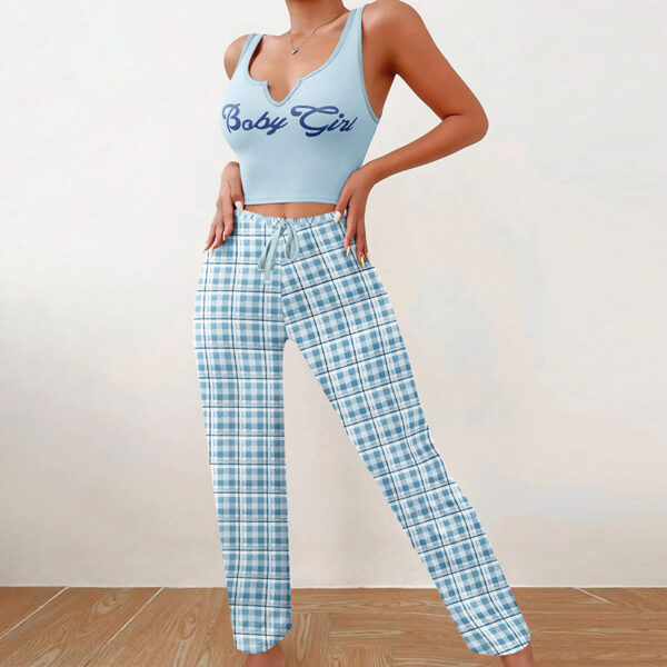 Spring Summer Women's Casual Pajamas Home Wear Vest Color Matching Plaid Trousers Letter Print Top Ladies 2 Pcs Home Clothes Sleepwear - Image 9