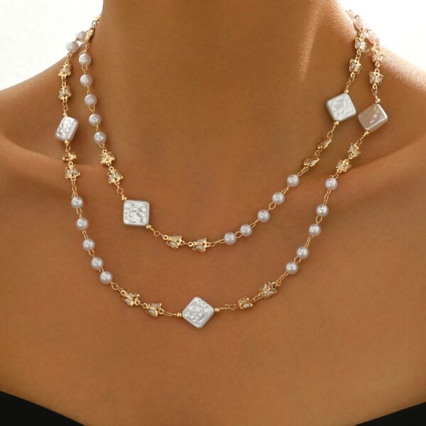 Elegant Double Layer Pearl And Square Bead Necklace -  Stylish And Feminine Jewelry For Young Women - Image 3